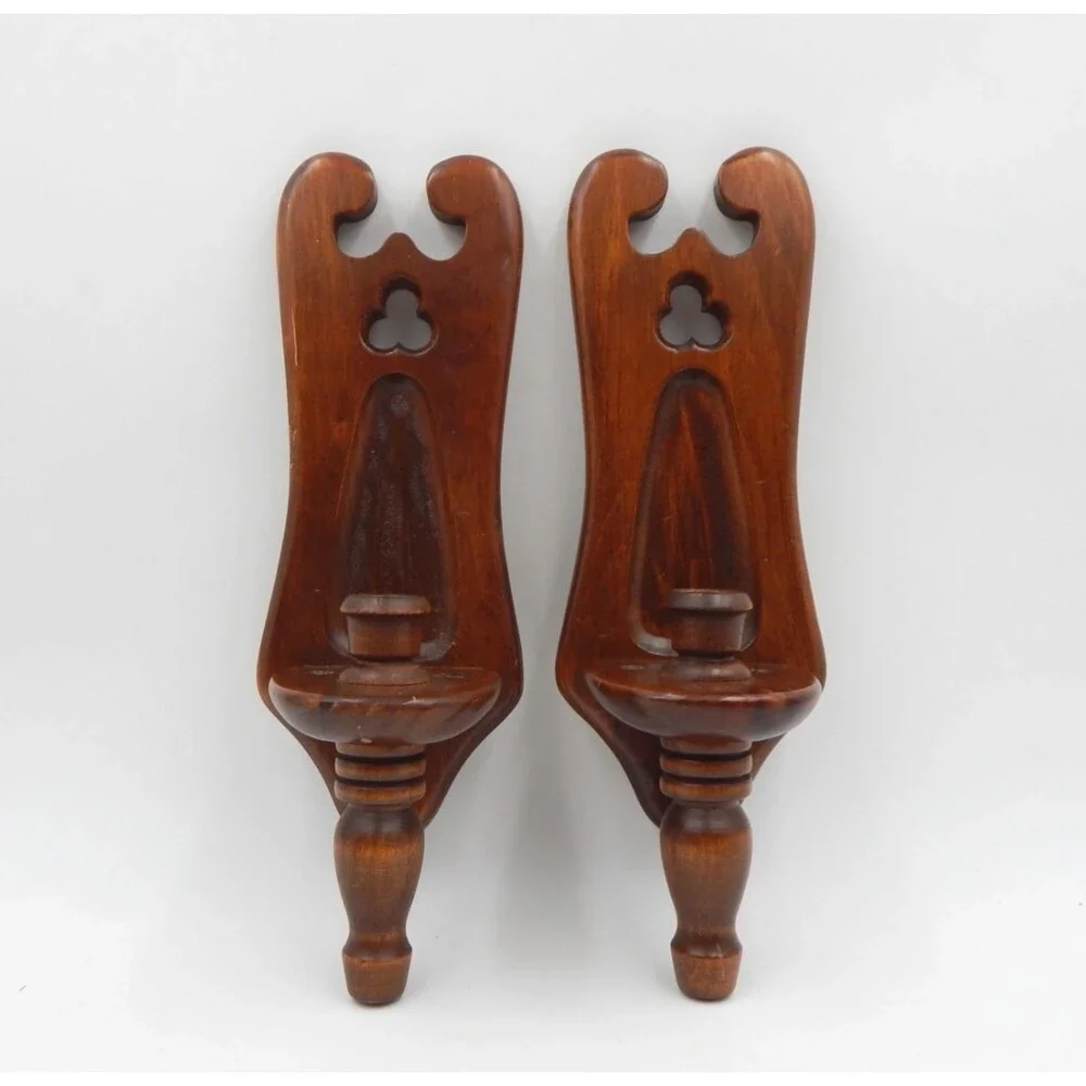 Wooden Candle Holder Wall Sconces The New England Clock Company 1970 Vintage MCM